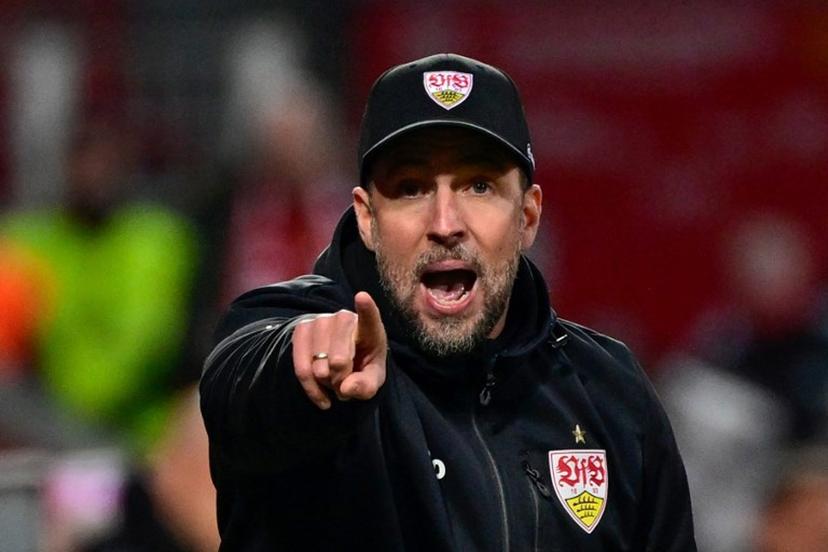 Stuttgart's German head coach Sebastian Hoeness reacts from the sidelines during the German first division Bundesliga football match between Union Berlin and VfB Stuttgart in Berlin on April 19, 2025.  John MACDOUGALL / AFP