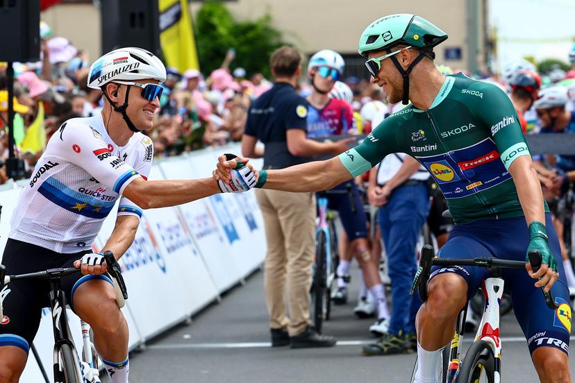 Belgian Tim Merlier of Soudal-Quick Step and Italian Jonathan Milan of Lidl-Trek pictured at the start of stage 10 of the 2025 Tour de France cycling, from Ennezat to Le Mont-Dore Puy de Sancy (169 km), on Monday 14 July 2025 in France. The 112th edition of the Tour de France starts on Saturday 5 July in Lille, France, and will finish in Paris, France on the 27th of July. BELGA PHOTO DAVID PINTENS