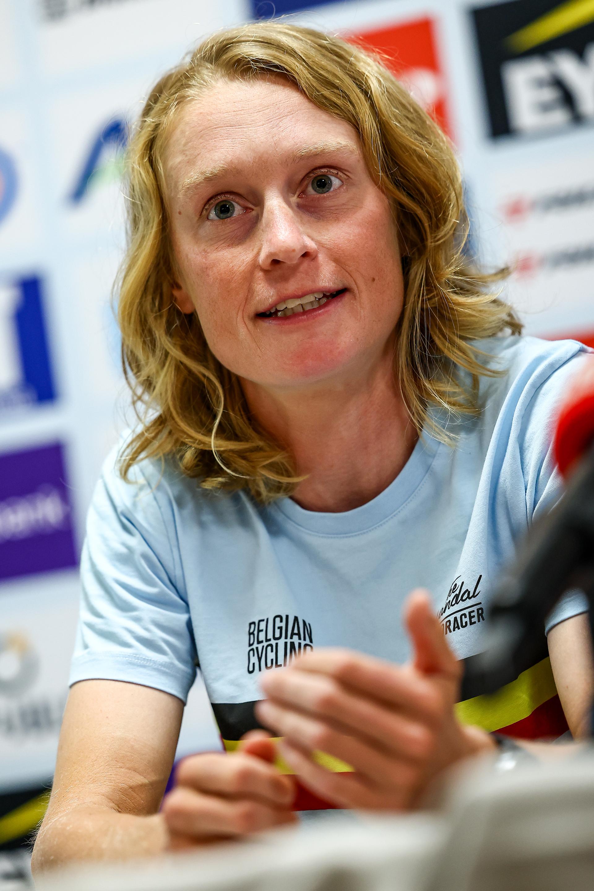 Belgian Julie De Wilde of Fenix-Deceuninck pictured during a press conference ahead of the start of the UEC road European cycling championships, Tuesday 30 September 2025, in Loriol-sur-Drome, France. The European cycling championships take place from 1 to 5 October in Drome and Ardeche, France. BELGA PHOTO DAVID PINTENS