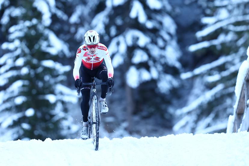 Belgian Eli Iserbyt pictured in action during the men's elite race at the Val di Sole Trentino cyclocross cycling event, on Sunday 10 December 2023 in Italy, stage 7/14 in the World Cup competition. BELGA PHOTO DAVID PINTENS