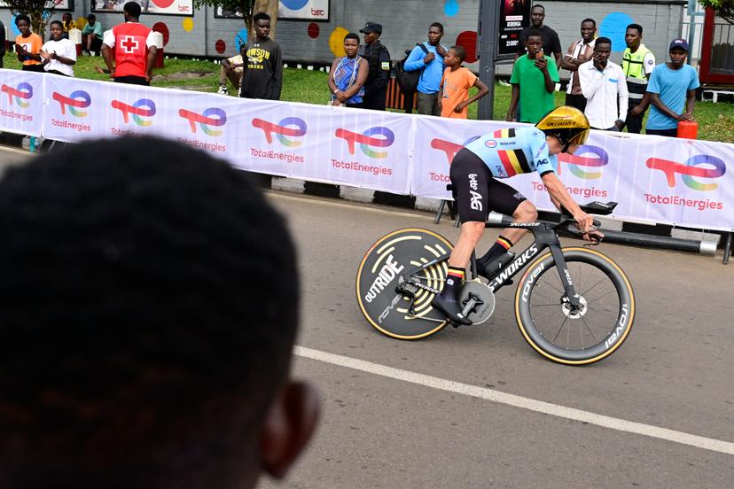 Belgian Remco Evenepoel pictured in action during the Men Elite Individual Time Trial race (40,8km) at the cycling road world championships, in Kigali, Rwanda, Sunday 21 September 2025. The 2025 UCI Road World Championships take place from 21 to 28 September in Kigali, Rwanda. BELGA PHOTO DIRK WAEM