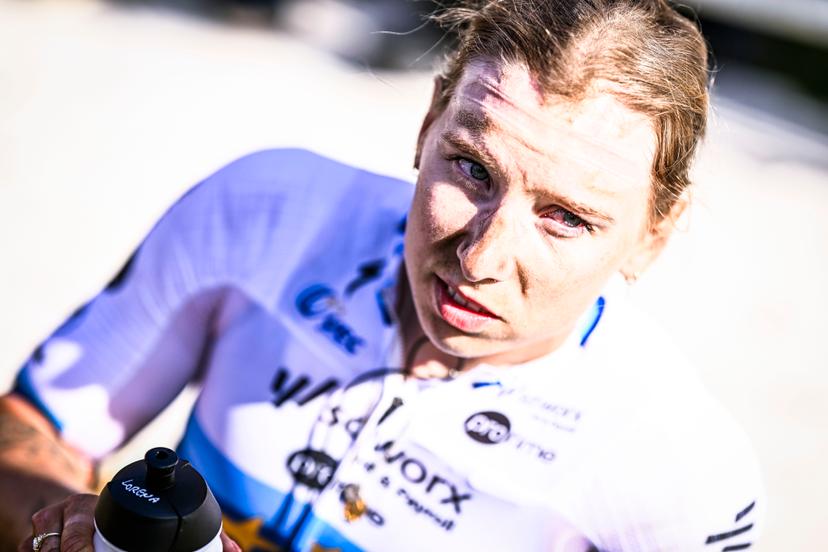 Dutch Lorena Wiebes of SD Worx-Protime looks dejected after the women's race of the 'Paris-Roubaix' one day cycling race, 148,5 km from Denain to Roubaix, France, on Saturday 12 April 2025. BELGA PHOTO JASPER JACOBS