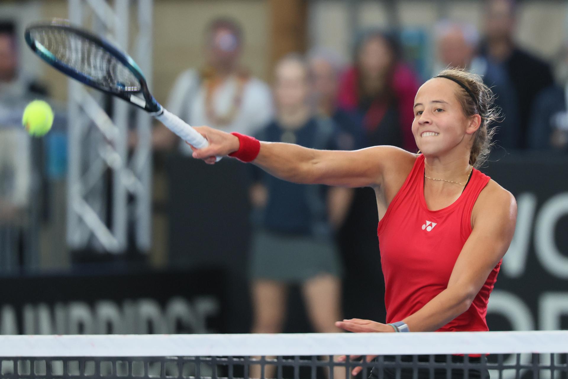 Belgian Hanne Vandewinkel pictured in action during a tennis match against German Seidel, the second match of the meeting between Belgium and Germany in the Billie Jean King Cup Play-offs, on Sunday 16 November 2025 in Ismaning, Germany. PHOTO BENOIT DOPPAGNE