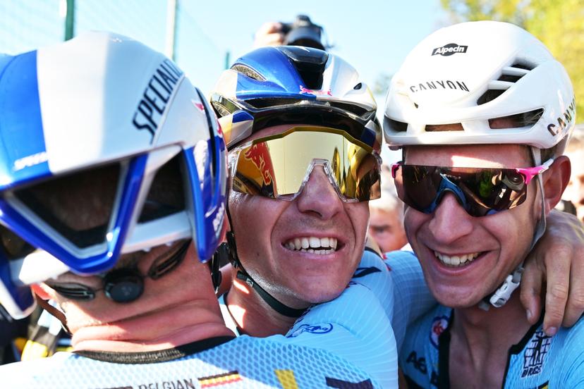 Belgium's Remco Evenepoel and Belgium's Ramses Debruyne celebrate after winning the elite men Road Race race (196,2 km) at the cycling UEC Road European Championships, in Ljubljana, Slovenia Sunday 4 October 2026. The UEC Road European Championships are taking place from 02 to 07 October in Ljubljana, Slovenia. BELGA PHOTO DAVID PINTENS