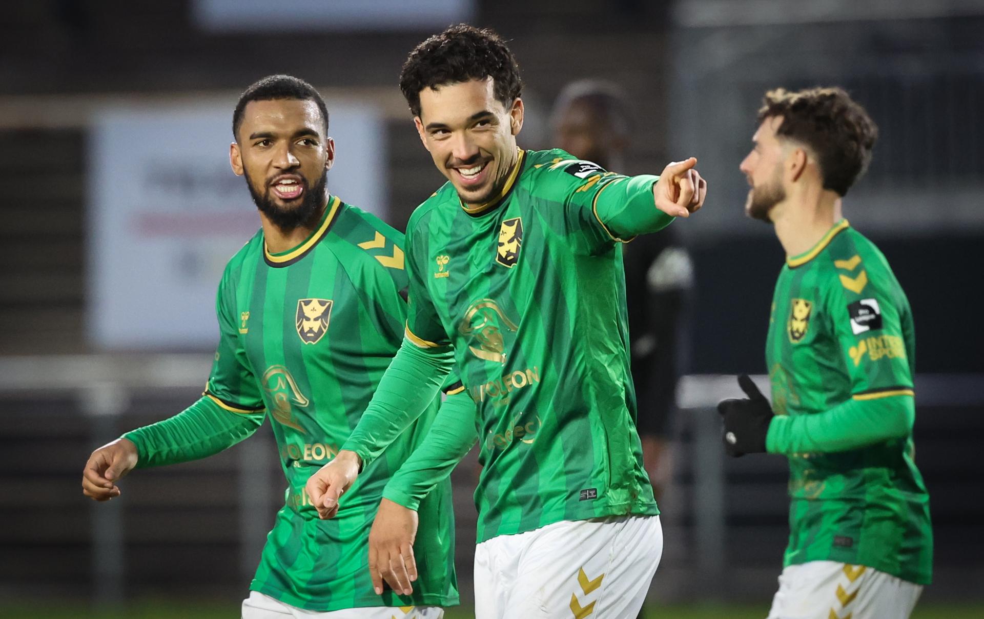 Francs Borains' Lucas Lima celebrates after scoring during a soccer game between Royal Olympic Charleroi and Royal Francs Borains, Saturday 31 January 2026 in Charleroi, on day 23 of the 2025-2026 'Challenger Pro League' 1B second division of the Belgian championship. BELGA PHOTO VIRGINIE LEFOUR