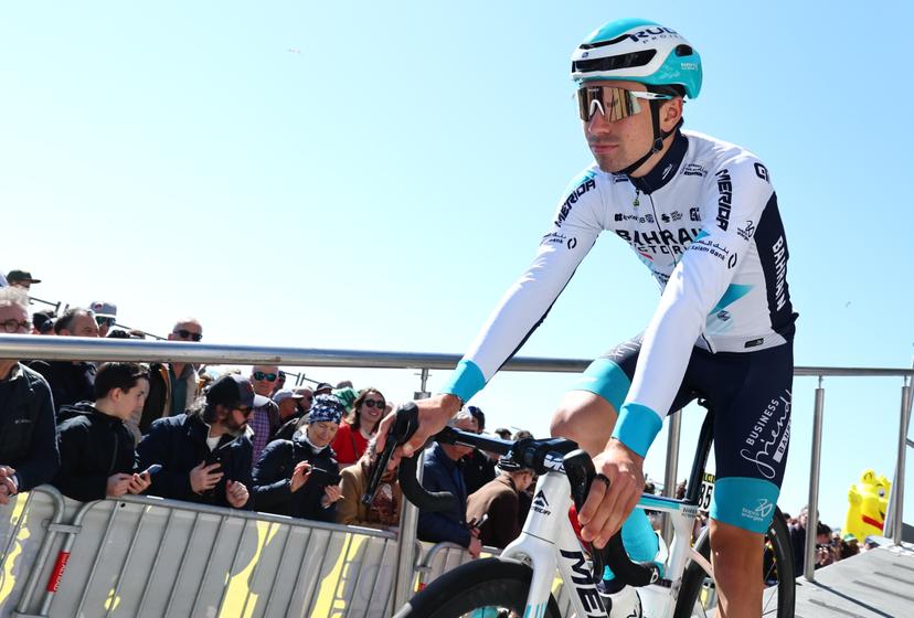 French Lenny Martinez of Bahrain Victorious pictured at the start of stage eight of the 83th edition of the Paris-Nice cycling race, 119,9 km from Nice to Nice, France, Sunday 16 March 2025. BELGA PHOTO DAVID PINTENS