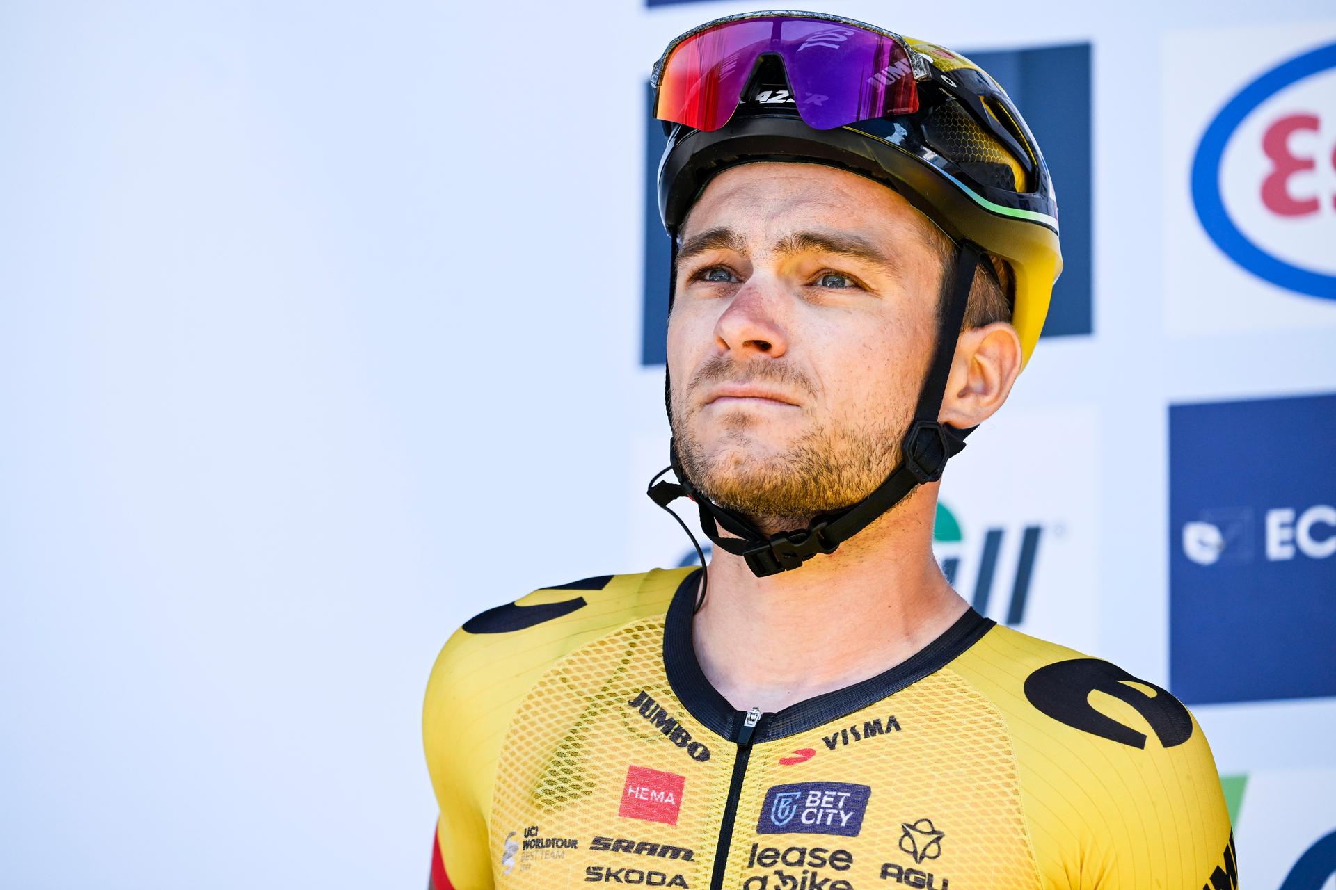 Belgian Tosh Van der Sande of Jumbo-Visma pictured at the start of the men's elite race of the Belgian Championships cycling, 230,7 km, in Izegem, on Sunday 25 June 2023. BELGA PHOTO TOM GOYVAERTS