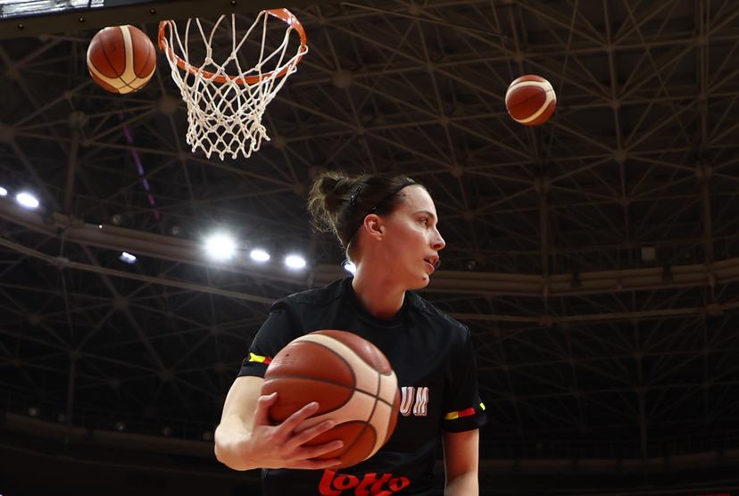 Belgium's Antonia Delaere pictured in action during the warming-up for a basket game between Belgium's national team Belgian Cats and Czech Republic, in Wuhan, China, on Tuesday 17 March 2026, the fifth game (out of 5) of the qualifications phase for the World Cup Basket tournament. BELGA PHOTO NIKOLA KRSTIC