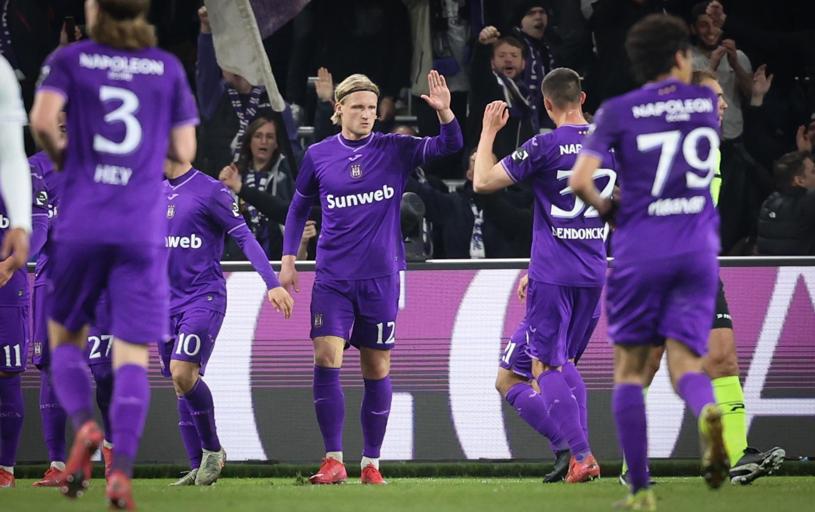 Anderlecht's Kasper Dolberg Rasmussen celebrates after scoring during a soccer match between RSC Anderlecht and KAA Gent, Wednesday 23 April 2025 in Brussels, on day 5 (out of 10) of the Champions' Play-offs of the 2024-2025 'Jupiler Pro League' first division of the Belgian championship. BELGA PHOTO VIRGINIE LEFOUR