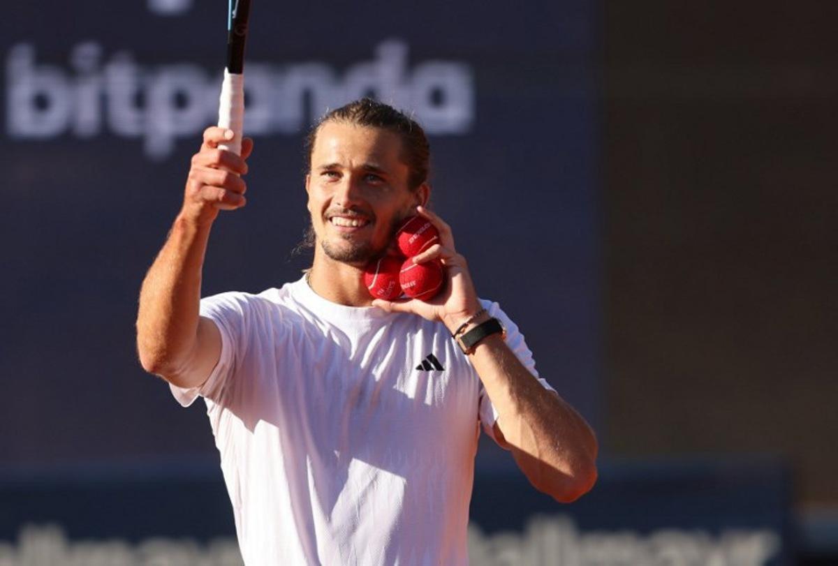 Germany's Alexander Zverev reacts after winning his men's singles semi final match against Hungary's Fabian Marozsan during the ATP Munich Open tennis tournament in Munich, southern Germany on April 19, 2025.  Alexandra BEIER / AFP