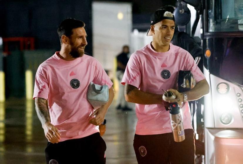 Inter Miami's Argentine forward #10 Lionel Messi (L) and Inter Miami Uruguayan forward #9 Luis Suarez arrive for the Major League Soccer (MLS) Eastern Conference semifinal second leg between Inter Miami CF and Atlanta United FC at Chase Stadium in Fort Lauderdale, Florida, on November 9, 2024.  Chris Arjoon / AFP