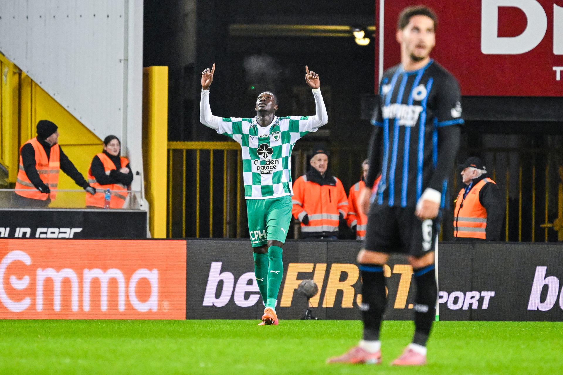 RAAL's Pape Fall celebrates after scoring during a soccer match between Club Brugge and Raal La Louviere, Friday 16 January 2026 in Brugge, on day 21 (out of 30) of the 2025-2026 'Jupiler Pro League' first division of the Belgian championship. BELGA PHOTO TOM GOYVAERTS