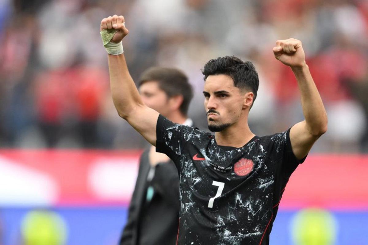 Canada's midfielder #07 Stephen Eustaquio celebrates after winning the 2026 World Cup round of 32 football match between South Africa and Canada at the Los Angeles Stadium in Inglewood on June 28, 2026.   Patrick T. Fallon / AFP