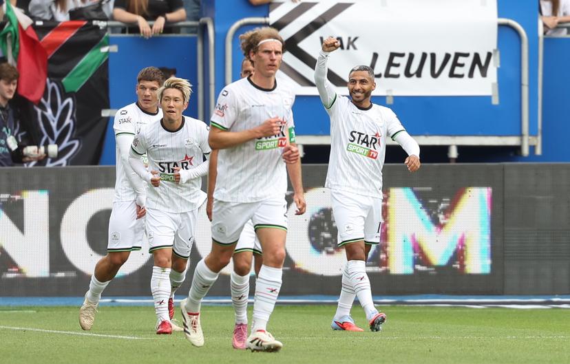 OHL's Youssef Maziz celebrates after scoring during a soccer match between Oud-Heverlee Leuven and Sporting Charleroi, Sunday 27 July 2025 in Heverlee, on day 1 of the 2025-2026 'Jupiler Pro League' first division of the Belgian championship. BELGA PHOTO VIRGINIE LEFOUR