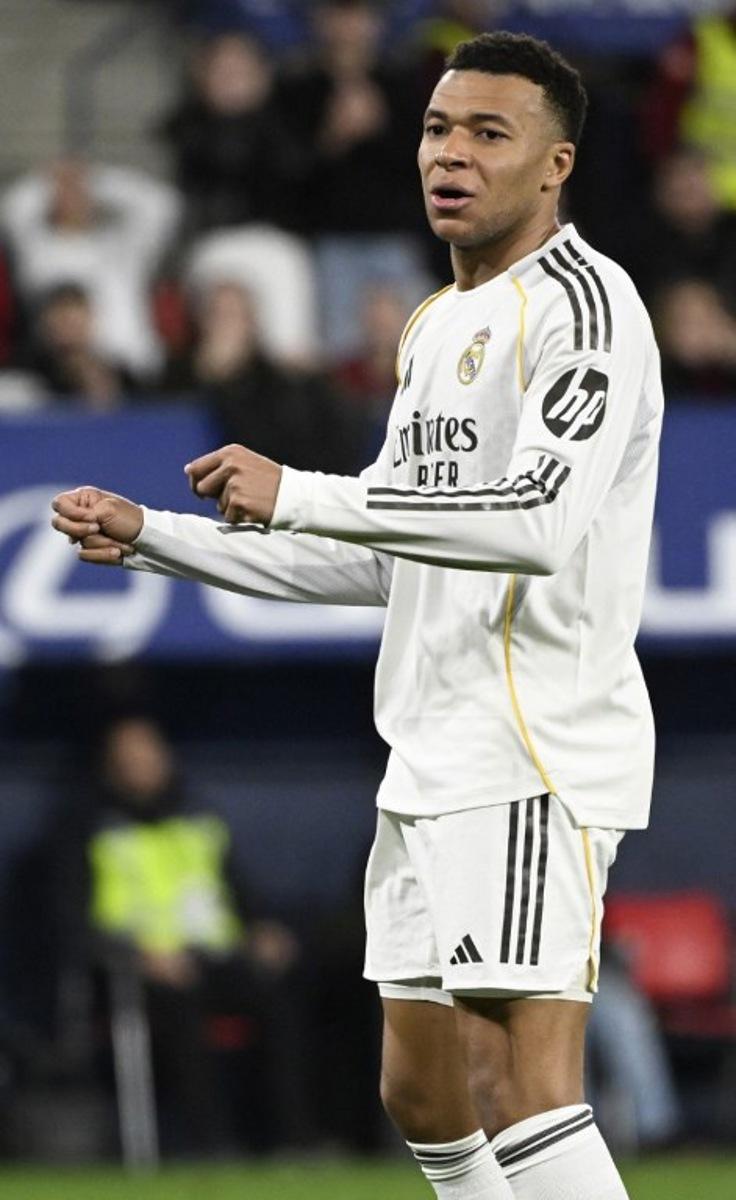 Real Madrid's French forward #10 Kylian Mbappe reacts during the Spanish league football match between CA Osasuna and Real Madrid CF at El Sadar Stadium in Pamplona on February 21, 2026.  ANDER GILLENEA / AFP