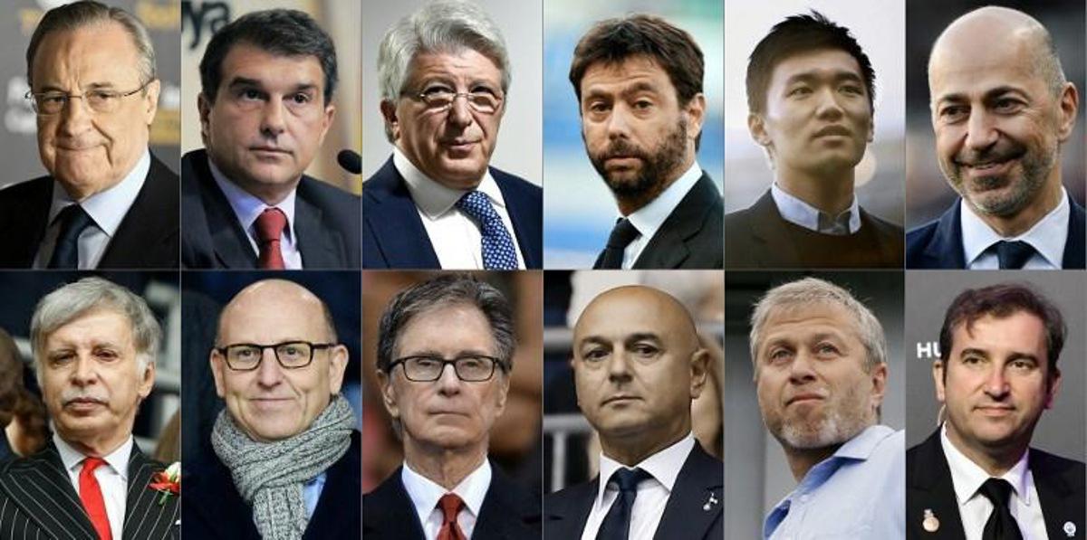 (COMBO) This combination of file pictures created on April 20, 2021 shows the owners or chairmen of the twelve major European Football clubs that announced on April 19, 2021 the launch of a breakaway European Super League in a potentially seismic shift in the way football is run, (from top left to bottom right) Real Madrid's Florentino Perez, FC Barcelona's Joan Laporta, Atletico Madrid's Enrique Cerezo, Juventus's Andrea Agnelli, Inter Milan's Steven Zhang, AC Milan's Ivan Gazidis, Arsenal's Stan Kroenke, Manchester United's Joel Glazer, Liverpool's John W Henry, Tottenham Hotspur's chairman Daniel Levy, Chelsea's Roman Abramovich, and Manchester City's Ferran Soriano.   FRANCK FIFE, ALBERTO PIZZOLI, OSCAR DEL POZO, Adrian DENNIS, Lluis GENE, Giuseppe CACACE, Oli SCARFF, Ian KINGTON, Marco BERTORELLO / AFP / IKIMAGES NOT FOR MARKETING OR ADVERTISING USE / RESTRICTED TO EDITORIAL USE RESTRICTED TO EDITORIAL USE. No use with unauthorized audio, video, data, fixture lists, club/league logos or 'live' services. Online in-match use limited to 45 images, no video emulation. No use in betting, games or single club/league/player publications. RESTRICTED TO EDITORIAL USE. NO USE WITH UNAUTHORIZED AUDIO, VIDEO, DATA, FIXTURE LISTS, CLUB/LEAGUE LOGOS OR ¿LIVE¿ SERVICES. ONLINE IN-MATCH USE LIMITED TO 45 IMAGES, NO VIDEO EMULATION. NO USE IN BETTING, GAMES OR SINGLE CLUB/LEAGUE/PLAYER PUBLICATIONS.

