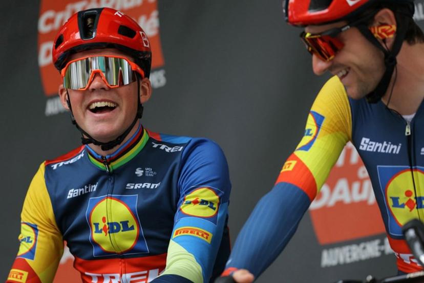 Team Lidl-Trek's Danish rider Mads Pedersen (L) and Team Lidl-Trek's Italian rider Giulio Ciccone react before competing in the first stage of the 76th edition of the Criterium du Dauphine cycling race, 172,5km between Saint-Pourcain-sur-Sioule and Saint-Pourcain-sur-Sioule, central France, on June 2, 2024.  Thomas SAMSON / AFP