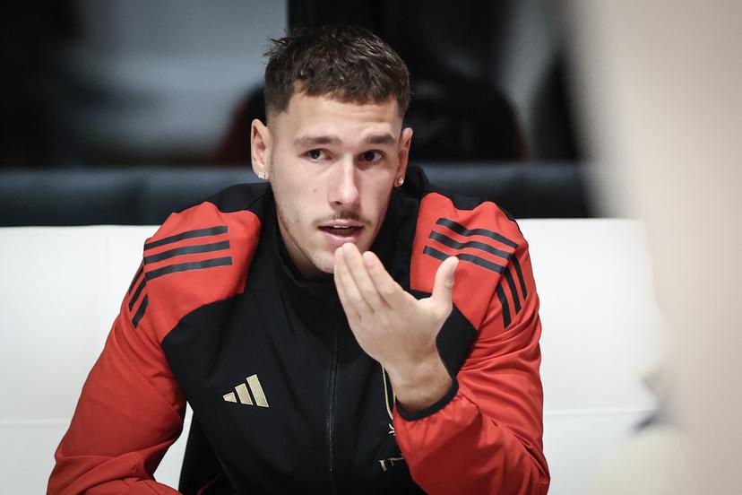 Belgium's Lucas Stassin pictured during a press conference of the Belgian national soccer team Red Devils U21 ahead of their Euro qualifying match against Austria, at the Royal Belgian Football Association's training center, in Tubize, Tuesday 11 November 2025. BELGA PHOTO BRUNO FAHY