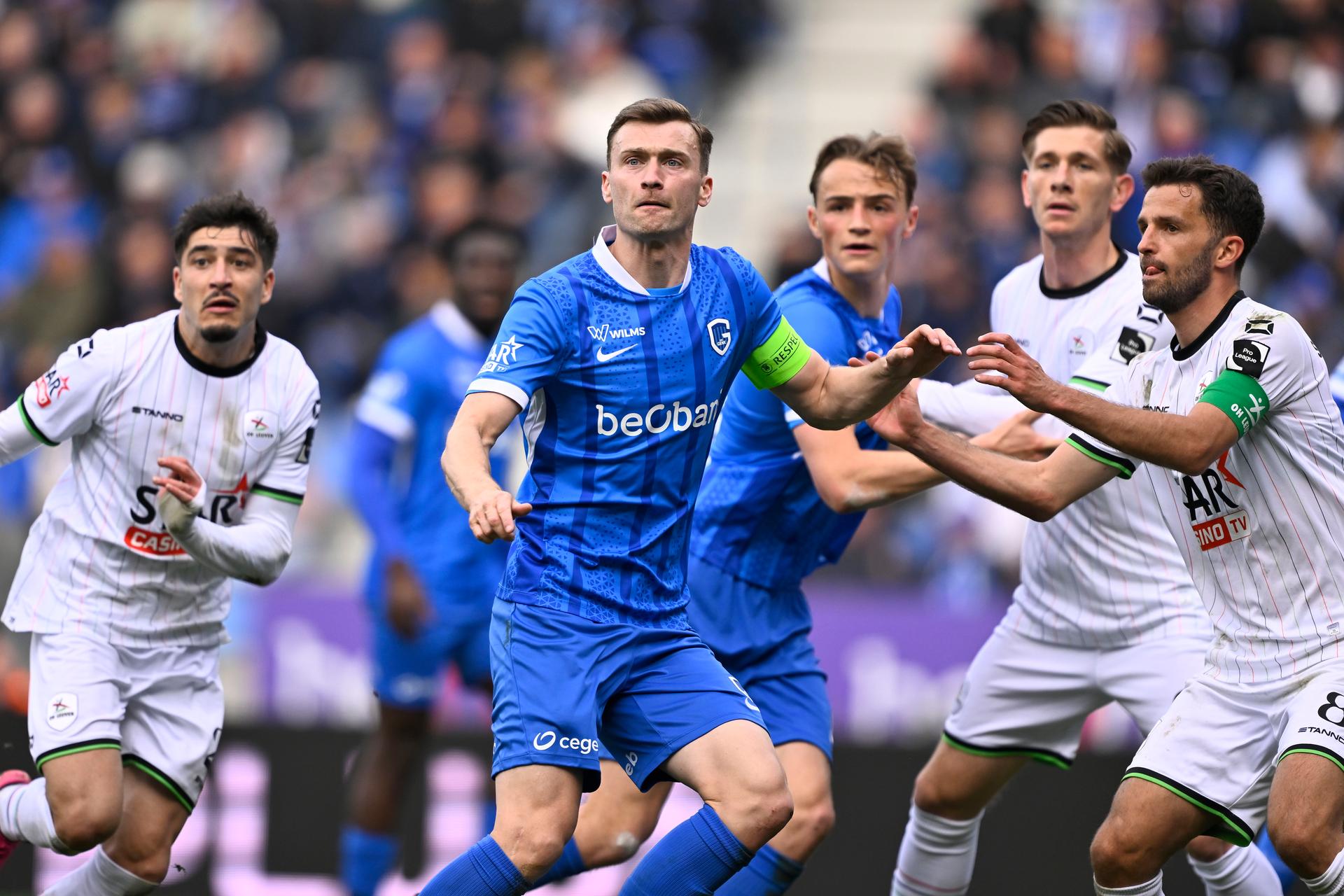 Genk's Bryan Heynen pictured during a soccer match between KRC Genk and Oud-Heverlee Leuven, Sunday 12 April 2026 in Heverlee, on the second day of the Europe Play-offs (PO 2) of the 2025-2026 'Jupiler Pro League' first division of the Belgian championship. BELGA PHOTO JOHAN EYCKENS