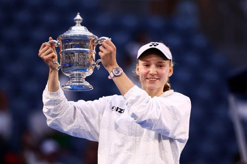 Kazakhstan's Elena Rybakina holds up the winner's trophy after winning the women's singles final tennis match against Belarus's Aryna Sabalenka on day fourteen of the US Open tennis tournament at the USTA Billie Jean King National Tennis Center in New York City on September 12, 2026.  CHARLY TRIBALLEAU / AFP