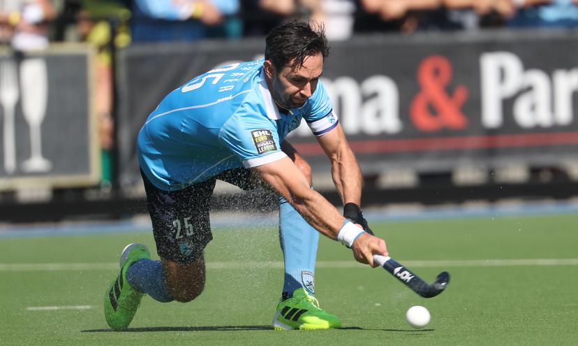Braxgata's Loick Luypaert pictured in action during a hockey game between Braxgata and Waterloo Ducks, Saturday 06 September 2025 in Boom, on day 1 of the Belgian Men Hockey League season 2025-2026. BELGA PHOTO VIRGINIE LEFOUR
