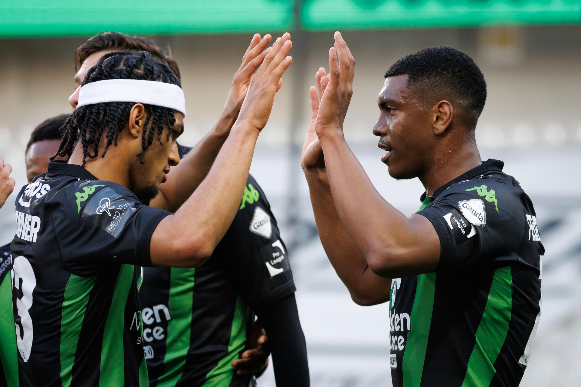 Cercle's Felipe Augusto Da Silva celebrates after scoring during a soccer match between Cercle Brugge and Patro Eisden Maasmechelen, Friday 23 May 2025 in Brugge, the second leg of the Relegation Play-offs Finals of the 2024-2025 'Jupiler Pro League' Belgian championship. The winner of the meeting will qualify to play in the First Division. BELGA PHOTO KURT DESPLENTER