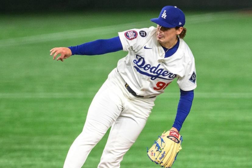 LA Dodgers' Landon Knack pitches during the baseball game between the Los Angeles Dodgers and Chicago Cubs in the MLB Tokyo Series at the Tokyo Dome in Tokyo on March 19, 2025.  Philip FONG / AFP