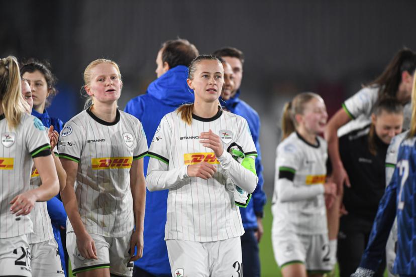 OHL Women's players and celebrate after a soccer match between Oud-Heverlee Leuven Women and English Arsenal, Wednesday 17 December 2025 in Heverlee, game 6 (out of 6) in the league phase of the UEFA Women's Champions League competition. BELGA PHOTO JILL DELSAUX