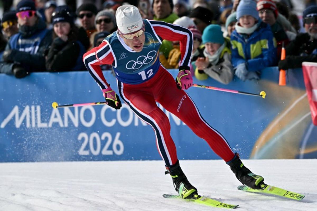 Norway's Johannes Hoesflot Klaebo competes during the men's team cross country free sprint qualification event of the Milano Cortina 2026 Winter Olympic Games at Tesero Cross-Country Skiing Stadium in Lago di Tesero (Val di Fiemme), on February 18, 2026.  Javier SORIANO / AFP