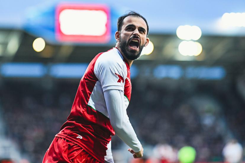 Essevee's Stavros Gavriel celebrates after scoring during a soccer match between SV Zulte Waregem and FCV Dender EH, Saturday 07 February 2026 in Waregem, on day 24 of the 2025-2026 'Jupiler Pro League' first division of the Belgian championship. BELGA PHOTO TOM GOYVAERTS