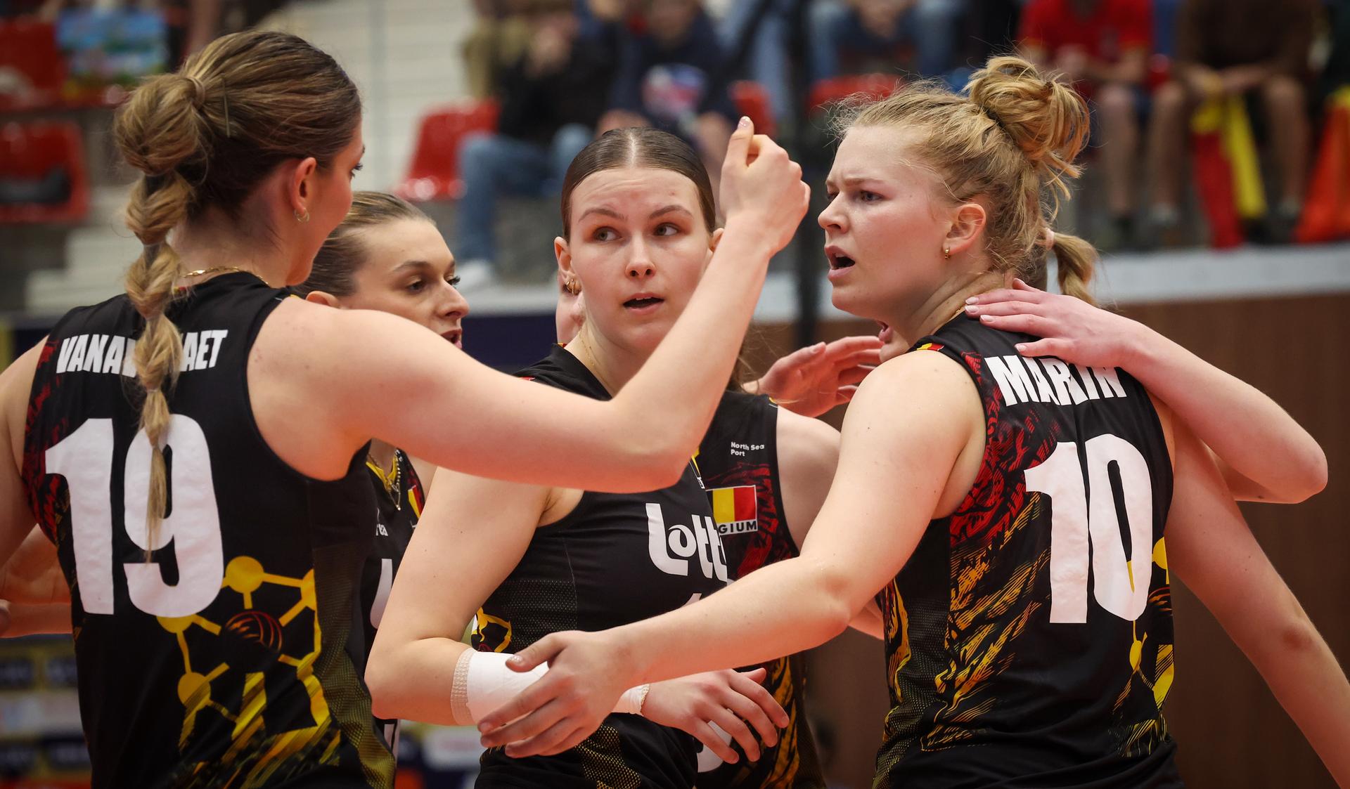 Belgium's players celebrate during a volleyball match between Belgium's national women's volleyball team, the Yellow Tigers, and the Estonian national women's volleyball team, in match 3/6 of the League Round of the European Golden League women, in Beveren, Friday 24 May 2024. BELGA PHOTO VIRGINIE LEFOUR