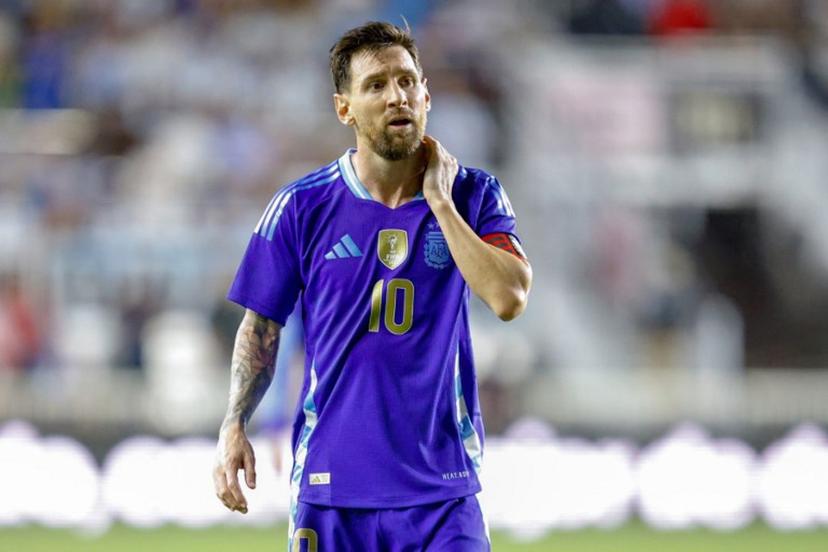 Argentina's forward #10 Lionel Messi reacts during the international friendly football match between Argentina and Puerto Rico at Chase Stadium in Fort Lauderdale, Florida, on October 14, 2025.  Chris Arjoon / AFP