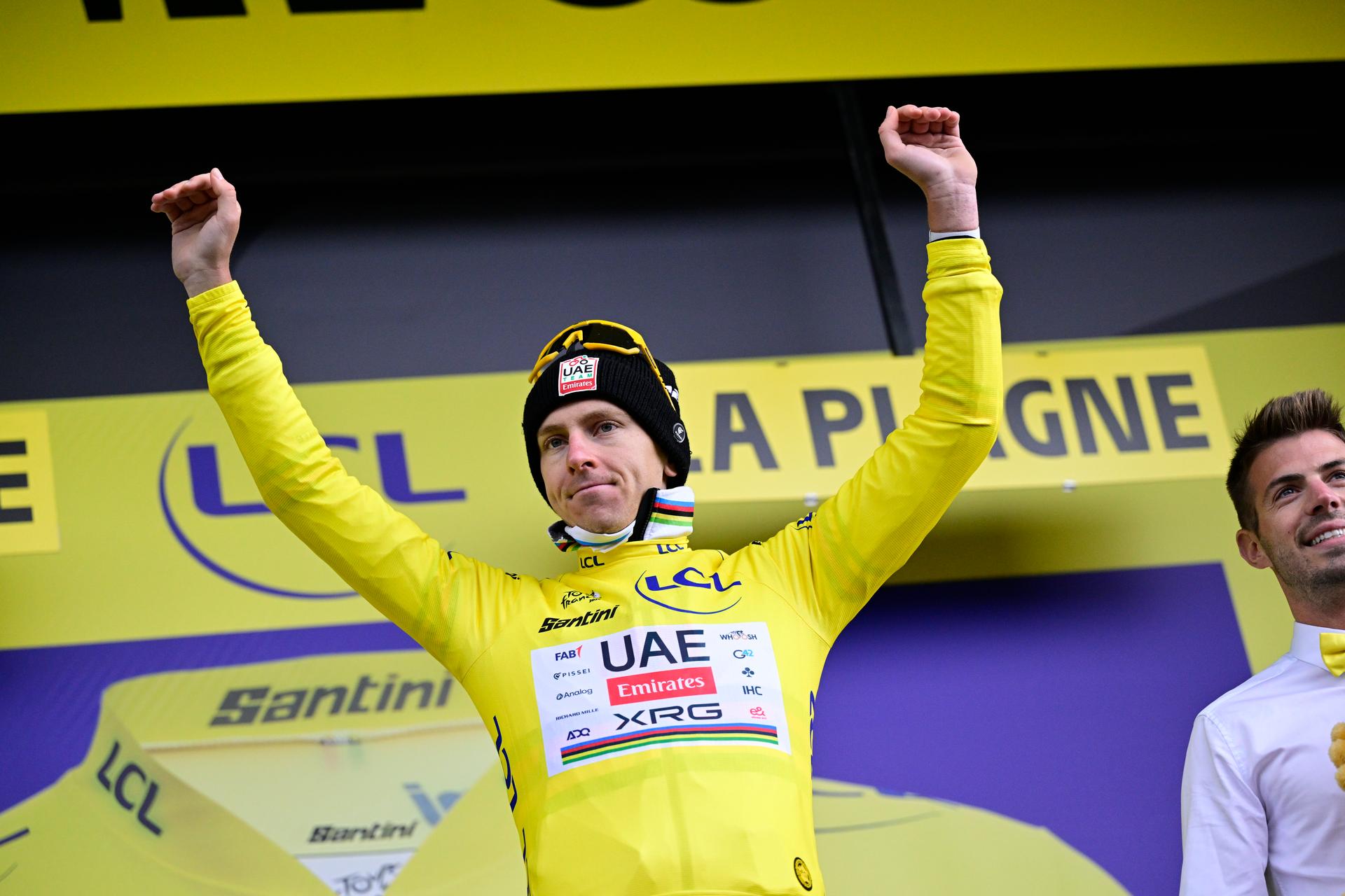 Slovenian Tadej Pogacar of UAE Team Emirates pictured on the podium after stage 19 of the 2025 Tour de France cycling race, from Albertville to La Plagne (130km), on Friday 25 July 2025 in France. The 112th edition of the Tour de France starts on Saturday 5 July in Lille, France, and will finish in Paris, France on the 27th of July.   BELGA PHOTO DIRK WAEM