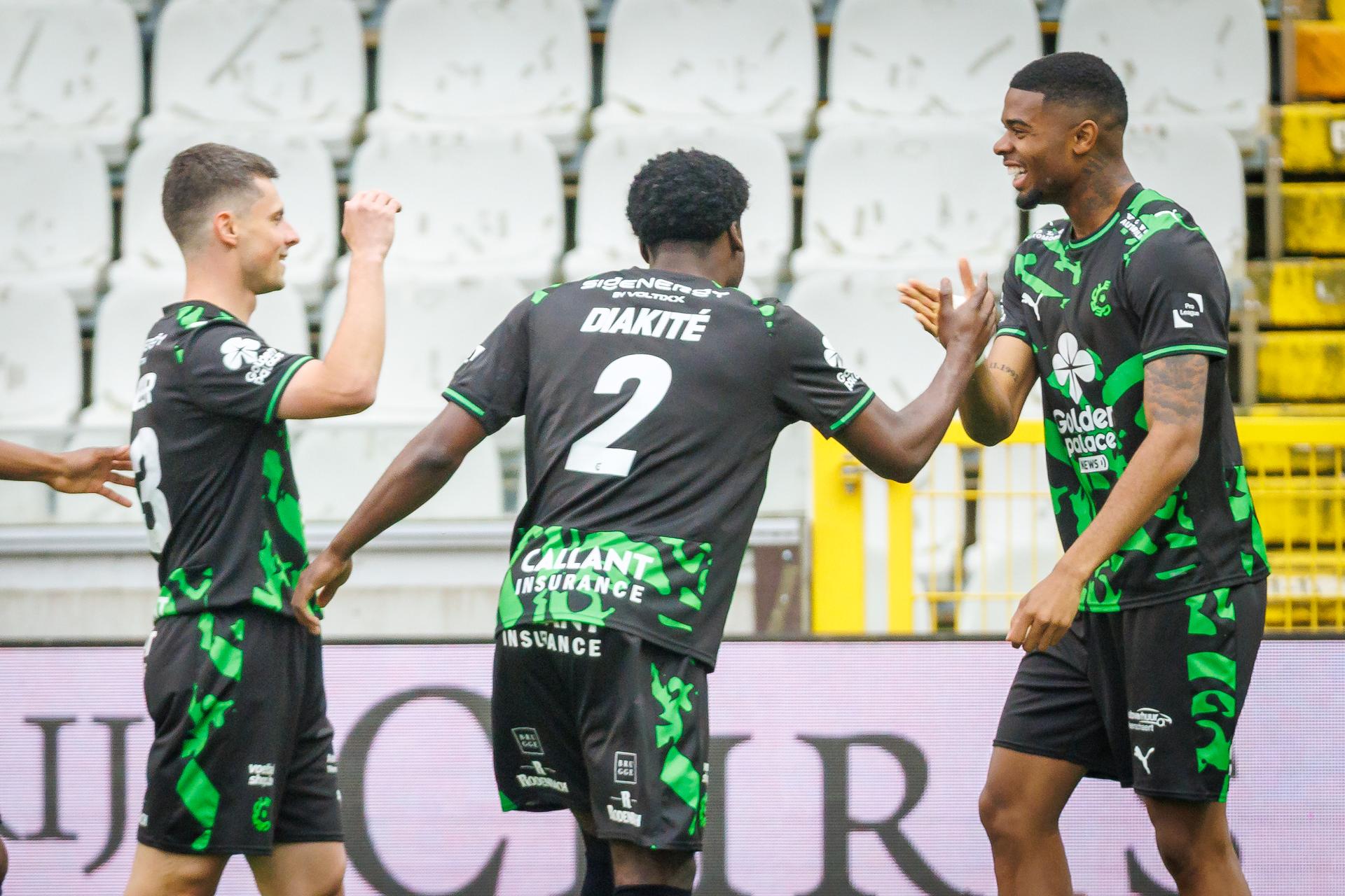 Cercle's Steve Eyrolle Ngoura celebrates after scoring during a soccer match between Cercle Brugge and Raal La Louviere, Saturday 11 April 2026 in Brugge, on the day two of the Relegation Play-offs of the 2025-2026 'Jupiler Pro League' first division of the Belgian championship. BELGA PHOTO KURT DESPLENTER