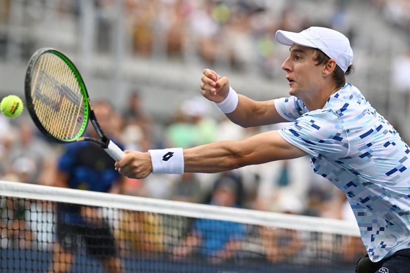 Joran Vliegen of Belgium, playing with doubles partner Sander Gille of Belgium of Belgium, compete against Miomir Kecmanovic of Serbia and Roman Safiullin of Russia in the Men's Doubles: Round 1 at the 2024 U.S. Open tennis tournament at USTA Billie Jean King National Tennis Center, New York, NY, August 29, 2024. (Photo by Anthony Behar/Sipa USA)