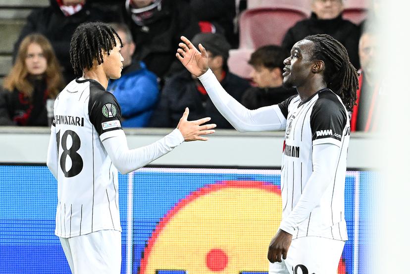 STVV's Frederic Soelle Soelle celebrates after scoring during a soccer game between Danish FC Midtjylland and Belgian Sint-Truidense VV, Thursday 22 October 2026 in Herning, Denmark, on the second day of the UEFA Conference League league phase. BELGA PHOTO JILL DELSAUX