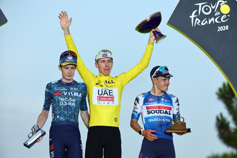 Danish Jonas Vingegaard of Team Visma-Lease a Bike, Slovenian Tadej Pogacar of UAE Team Emirates and Belgian Remco Evenepoel of Soudal Quick-Step pictured on the podium after stage 21, the final stage of the 2024 Tour de France cycling race, an individual time trial from Monaco to Nice, France (33,7 km) on Sunday 21 July 2024. The 111th edition of the Tour de France starts on Saturday 29 June and will finish in Nice, France on 21 July.  BELGA PHOTO DAVID PINTENS