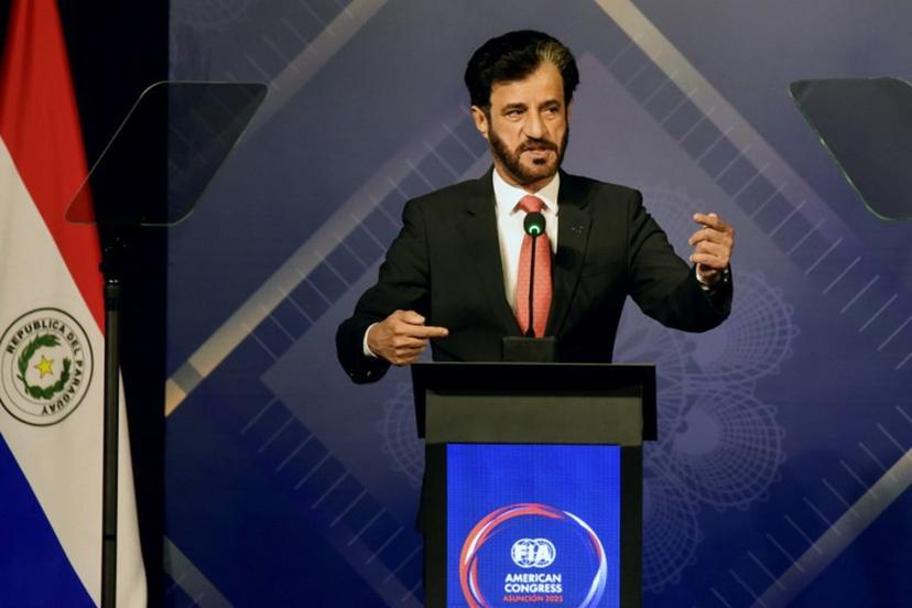 The International Automobile Federation (FIA) President Mohammed Ben Sulayem delivers a speech during the inauguration of the FIA American Congress Asuncion 2025 at the Sheraton Hotel in Asuncion on August 25, 2025.  DANIEL DUARTE / AFP