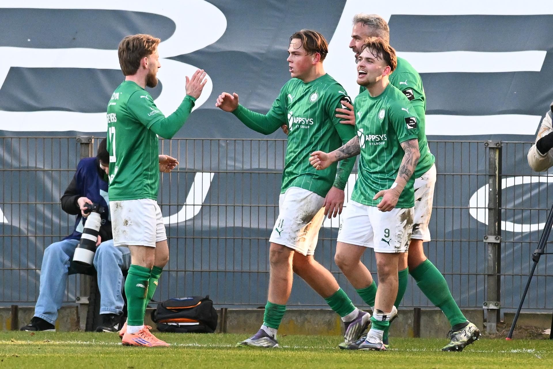 Lommel's Robin van Duiven celebrates after scoring during a soccer game between Lommel SK and RSCA Futures, Saturday 14 February 2026 in Lommel, on day 25 of the 2025-2026 'Challenger Pro League' 1B second division of the Belgian championship. BELGA PHOTO JILL DELSAUX