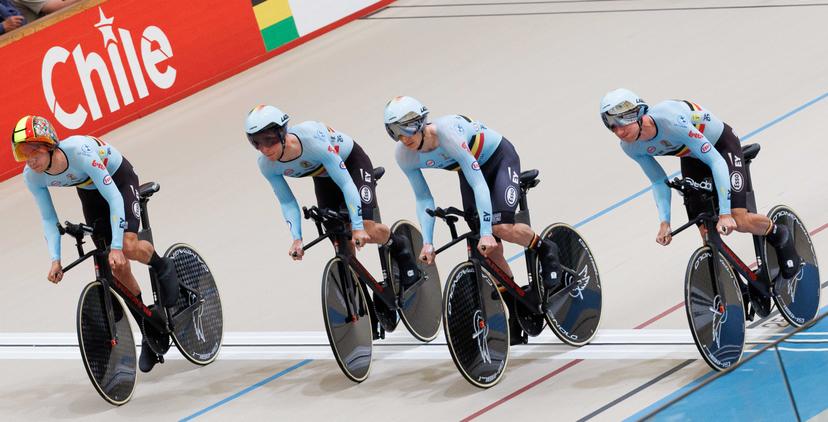 Belgians Lindsay De Vylder, Fabio Van Den Bossche, Jasper De Buyst and Noah Vandenbranden pictured in action during the men's team pursuit qualifying round at the 2025 UCI Track World Championships, in Santiago, Chile, Wednesday 22 October 2025. The Track World Championships take place from 22 to 26 October at the Velodromo de Penalolen in Santiago, Chile. BELGA PHOTO BENOIT DOPPAGNE