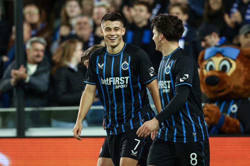 Club's Nicolo Tresoldi celebrates after scoring during a soccer match between Club Brugge and FC Dender EH, Saturday 01 November 2025 in Brugge, on day 13 of the 2025-2026 'Jupiler Pro League' first division of the Belgian championship. BELGA PHOTO BRUNO FAHY