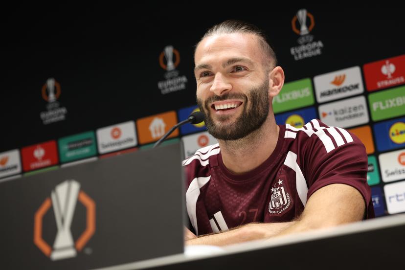 Anderlecht's Leo Petrot and +pictured during a press conference of Belgian soccer team RSC Anderlecht ahead of the game against French club Olympique Lyonnais, Tuesday 15 September 2026 in Brussels, for the first day (out of 8) of the league phase of the UEFA Europa League phase.  BELGA PHOTO VIRGINIE LEFOUR