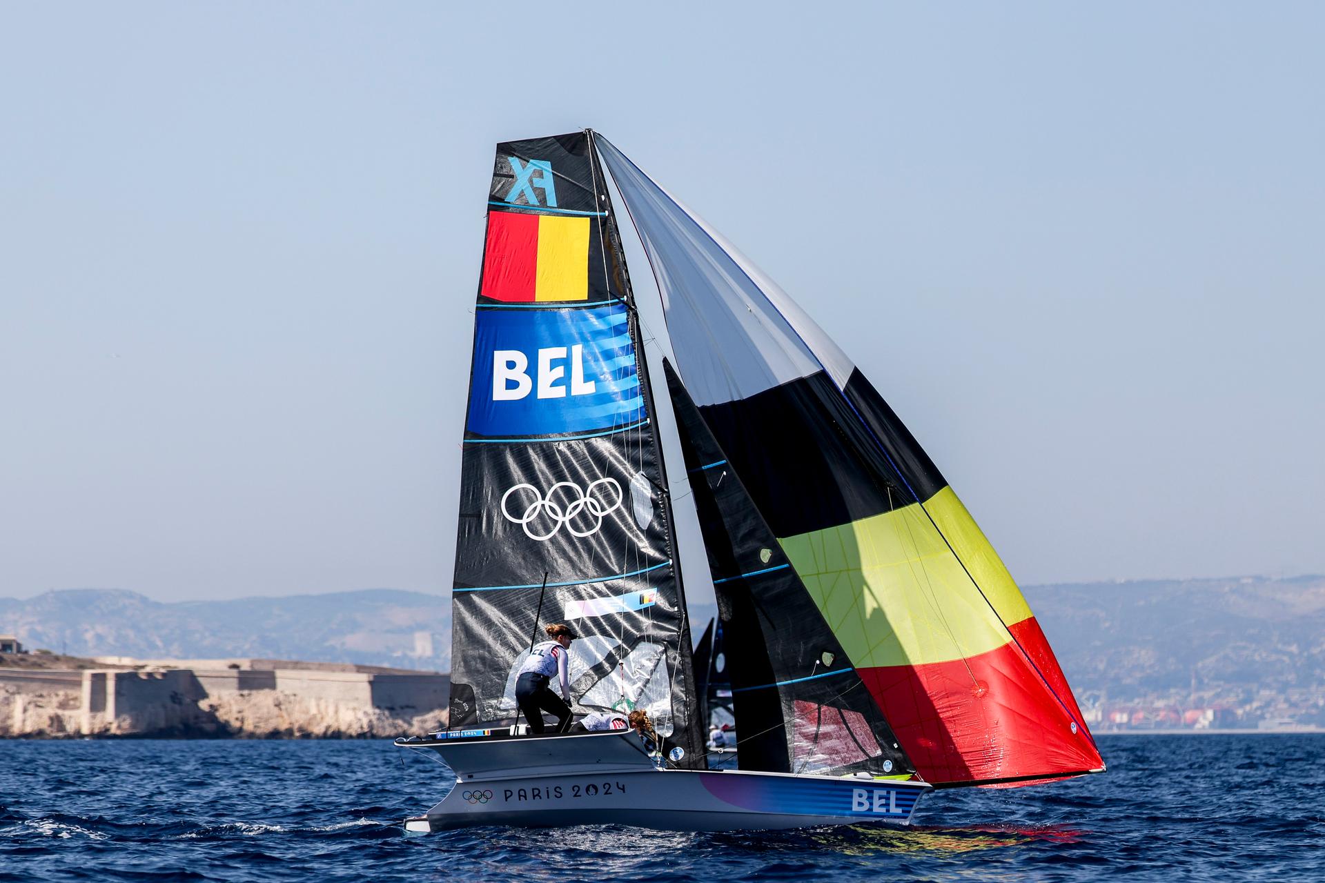 Isaura MAENHAUT and Anouk GEURTS of Belgium competes on Women's Skiff 49er during the Paris Olympic Games 2024 - Day 2 at Marina Marseille on July 29, 2024 in Marseille, France. (Photo by Johnny Fidelin/Icon Sport)