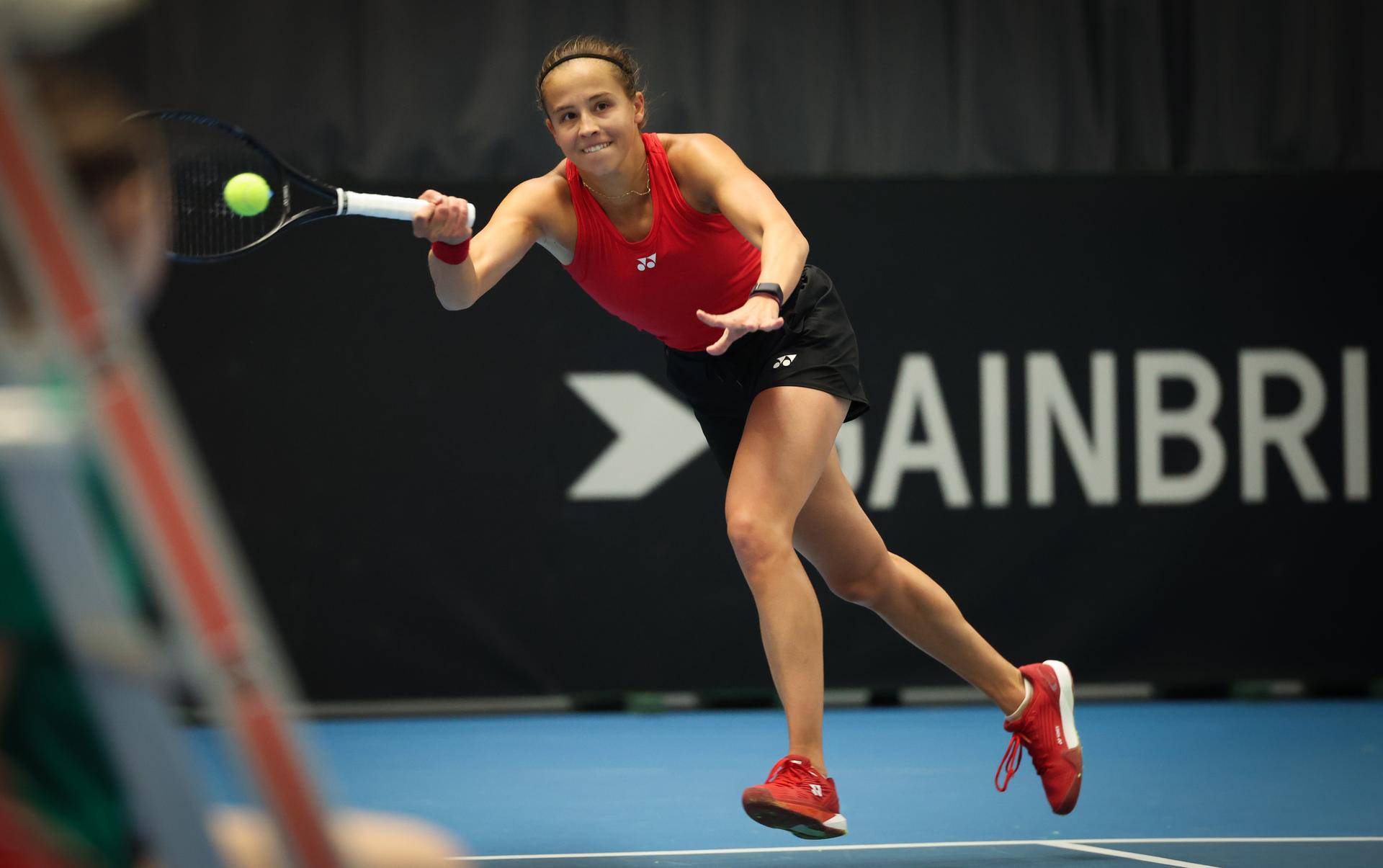 Belgian Hanne Vandewinkel pictured in action during a tennis match against Greek Grammatikopoulou, in the qualifiers of the Billie Jean King Cup tennis, in Vilnius, Lithuania on Tuesday 08 April 2025. PHOTO VIRGINIE LEFOUR