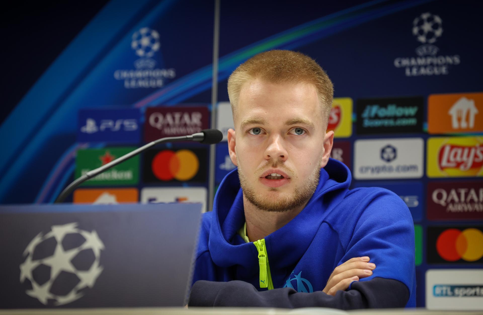 Marseille's Arthur Vermeeren pictured during a press conference of French soccer team Olympique de Marseille in Anderlecht, Brussels, on Monday 08 December 2025. The team is preparing for tomorrow's match against Belgian Royale Union Saint-Gilloise, on the sixth day of the League phase of the UEFA Champions League tournament. BELGA PHOTO VIRGINIE LEFOUR