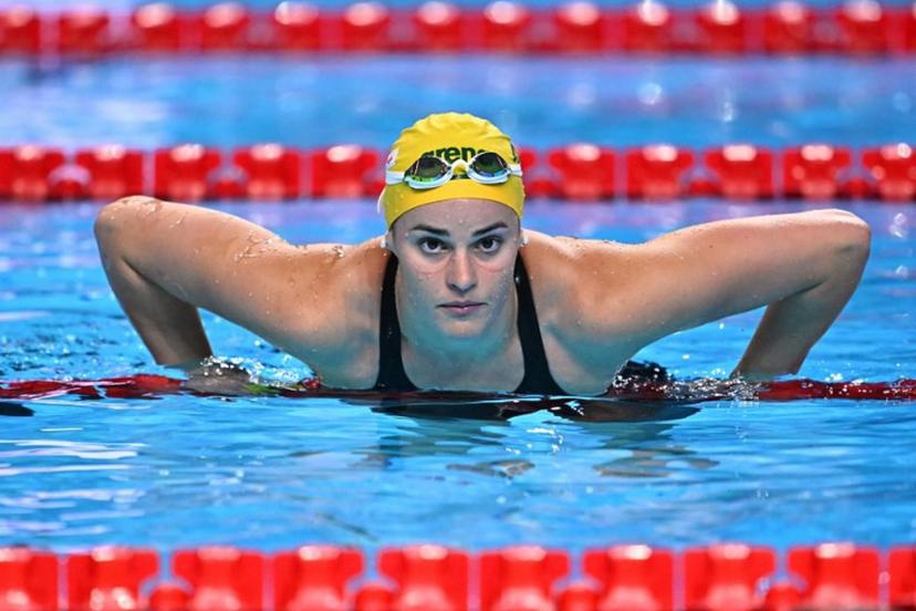 Australia's swimmer Kaylee McKeown reacts after competing in a semi-final of the women's 200m backstroke swimming event during the 2025 World Aquatics Championships in Singapore on August 1, 2025.  MANAN VATSYAYANA / AFP