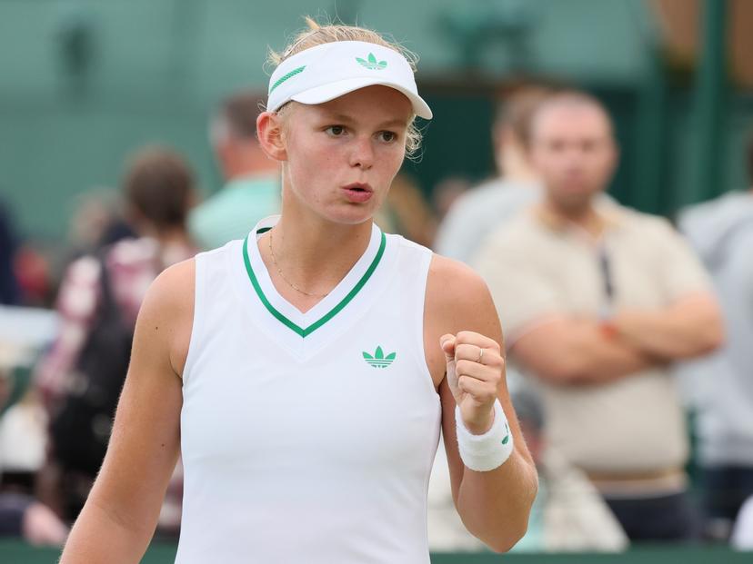 Belgian Jeline Vandromme reacts during a tennis match against Spanish Torner-Sensano, in the first round of the girls' singles at the 2025 Wimbledon grand slam tournament, Saturday 05 July 2025 at the All England Tennis Club, in South-West London, Britain. BELGA PHOTO BENOIT DOPPAGNE