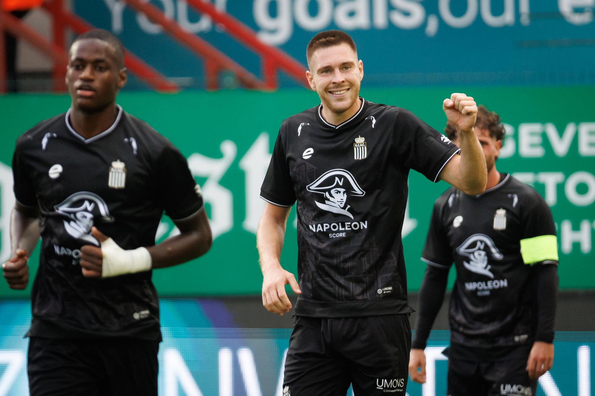 Charleroi's Aurelien Scheidler celebrates after scoring during a soccer match between KV Kortrijk and Sporting Charleroi, Saturday 29 August 2026 in Kortrijk, on day 4 of the 2026-2027 'Jupiler Pro League' first division of the Belgian championship. BELGA PHOTO KURT DESPLENTER