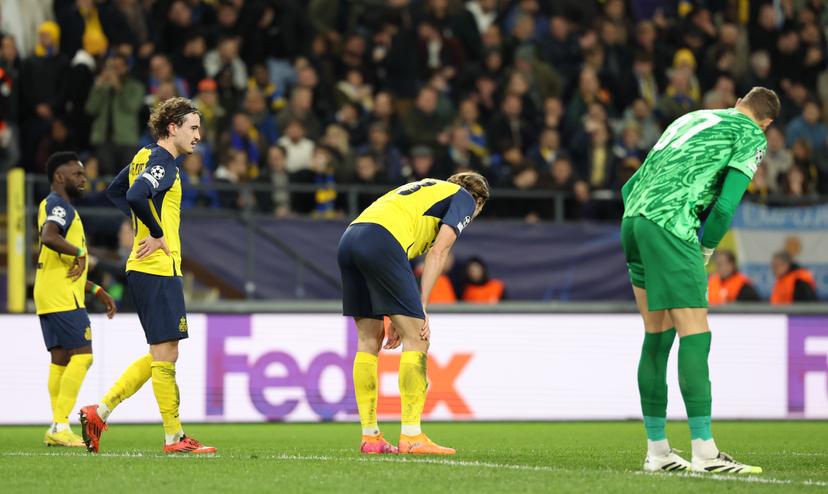 Union's players look dejected during a soccer game between Belgian Royale Union Saint-Gilloise and French Olympique de Marseille, on Tuesday 09 December 2025 in Brussels, on the sixth day of the League phase of the UEFA Champions League tournament. BELGA PHOTO VIRGINIE LEFOUR