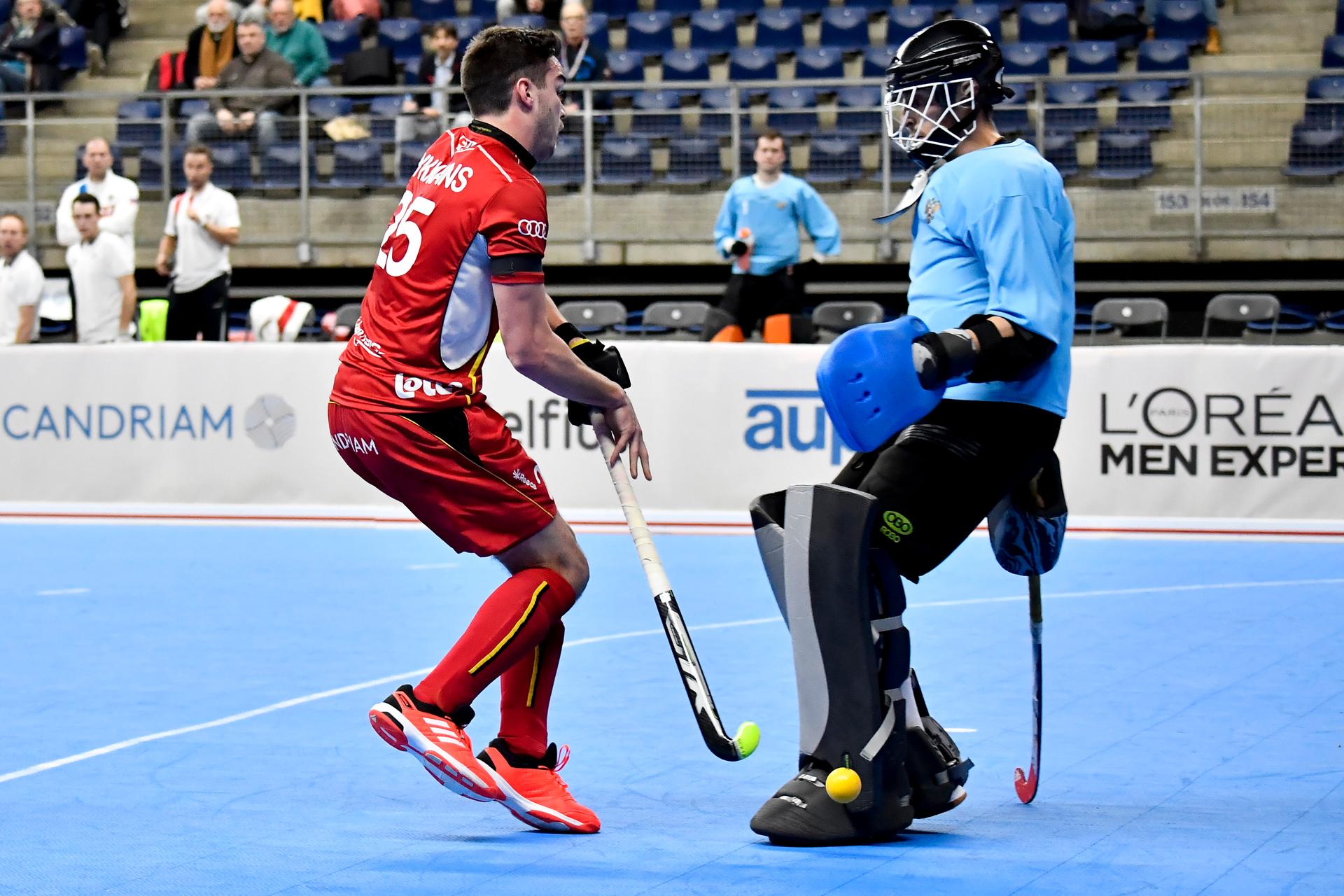 Belgium's Gaetan Dykmans and Russia's goalkeeper Ivan Zuikov pictured during the match between Russia and Belgium, in pool B at the EuroHockey Indoor Championship, in Antwerp, Friday 12 January 2018. BELGA PHOTO DIRK WAEM